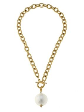 Gold Chain Necklace with White Pearl Drop